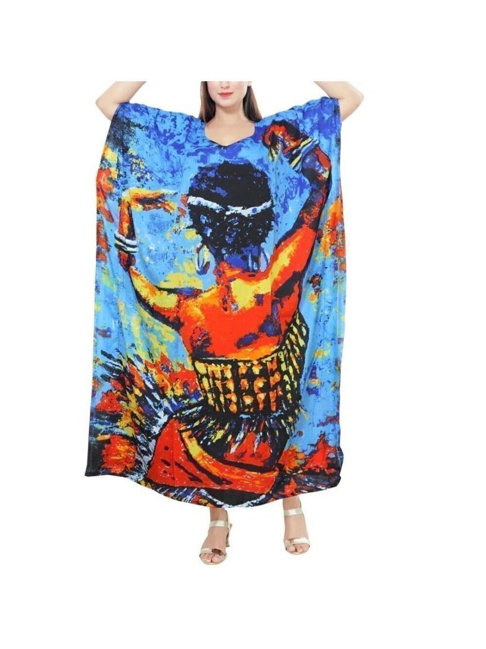 NWT Nf One Size Gorgeous Dancing Lady Blue Yellow Orange Kaftan dress with Scarf